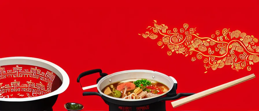 Prompt: a beautiful 4 k hd red wall paper illustration of roasted string hotpot, red wallpaper design, simple style, gourmet style, commercial kebab hotpot wallpaper display, wall painting, from china, with merchant logo, simple structure, surrealistic, chinese style, victo ngai, james jean, denoise, deblurring