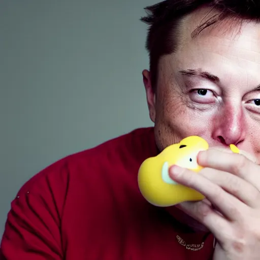 Image similar to Elon Musk eating a rubber ducky, highly detailed, high quality, HD, 4k, 8k, Canon 300mm, professional photographer, 40mp, lifelike, top-rated, award winning, realistic, sharp, no blur, edited, corrected, trending