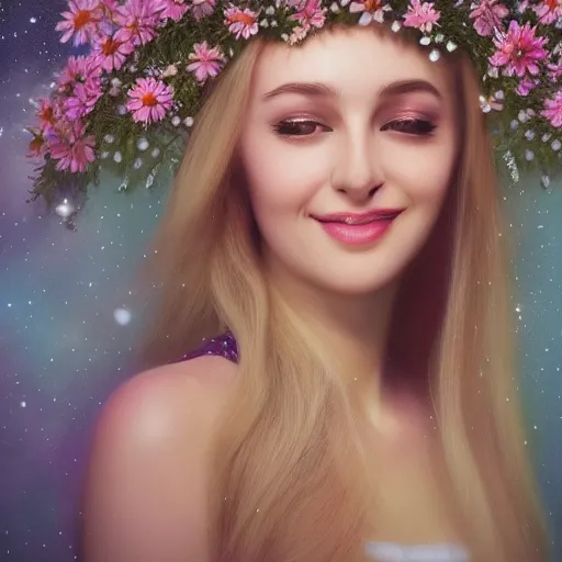 Image similar to close-up of a smiling beautiful female, blonde,, wearing a crown of daisies, beautiful happy face, ethereal, starry, space, magical atmosphere, maximalist, cinematic lighting, cinematic atmosphere, trending on artstation, cgsociety, 8k, high resolution, in the style of Faiza Maghni, David Ligare, Flora Borsi, Daniel Gerhartz,