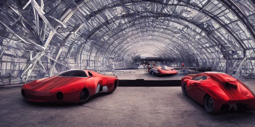 Image similar to kama russian electrocar, inside futuristic hangar, red car, sharp focus, ultra realistic, ultra high pixel detail, cinematic, intricate, cinematic light, concept art, illustration, art station, unreal engine 8 k