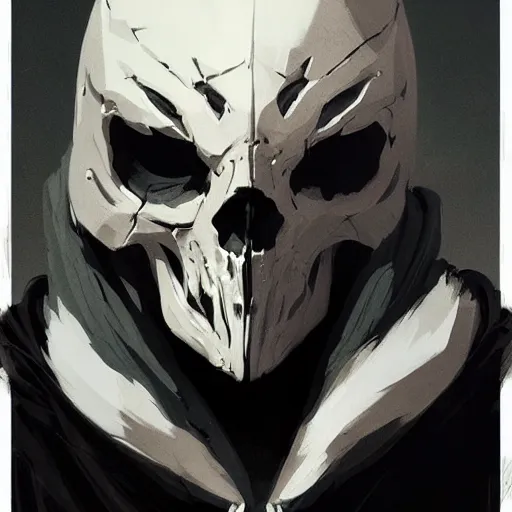 Image similar to portrait of a character wearing a black cloak, with a white mask in the shape of an animal skull, the mask covers her entire face, dramatic lighting, illustration by Greg rutkowski, yoji shinkawa, 4k, digital art, concept art, trending on artstation