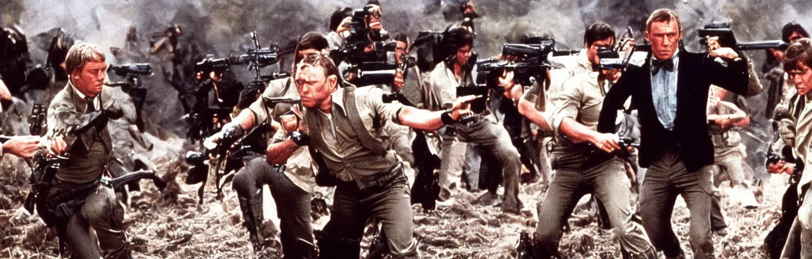 Prompt: Still from the 1979 movie James Bond Battle Royale - directed by sergio leone hq production still technicolor