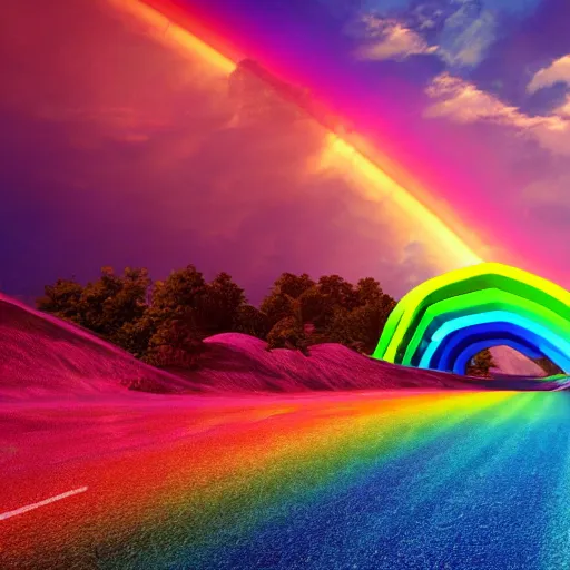 Image similar to Rainbow Road, the image is like beautiful dream, 4k post-processing highly detailed, art station, unreal engine + cinematography by Wes Anderson, Wide angle shot, futuristic, volumetric light, Fuji film, intricate detail, hyperreal, hyperrealistic, 4K, Octane render, unreal engine cinematic, sublime atmosphere,