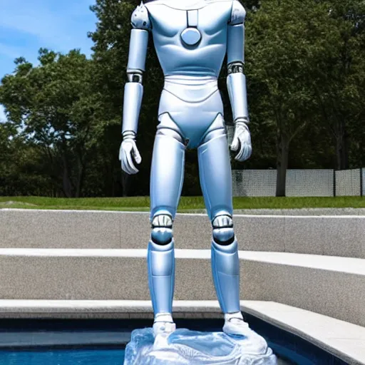 Image similar to a realistic detailed photo of a guy who is an attractive humanoid who is half robot and half humanoid, who is a male android, soccer player martin ødegaard, shiny skin, posing like a statue, blank stare, by the pool, on display, showing off his muscles, humanoid robot, frozen ice statue