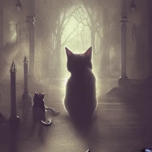 Prompt: a cat in a world full of ghosts, professional photo, professional lighting, trending on artstation, hdr, by albert bierstadt, well detailed, horror, in the style of stephen king, dark, mysterious, sinister