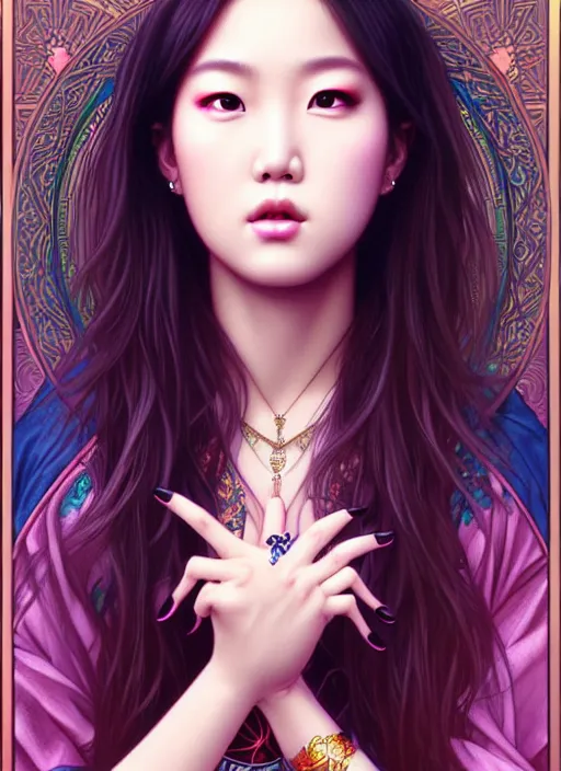 Image similar to roseanne park of blackpink, tarot card, highly detailed, digital painting, smooth, sharp focus, illustration, ultra realistic, 8 k, art by artgerm and alphonse mucha