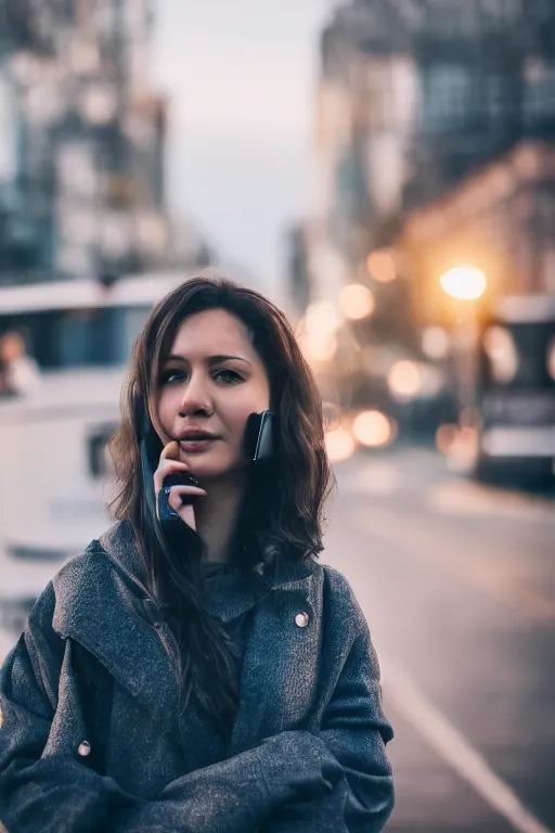 Image similar to beautiful woman, beautiful face of a woman, standing at a bus stop in the early morning, calling on the phone, around the city, the road, 3 5 mm photography, highly detailed, cinematic lighting, 4 k