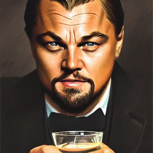 Prompt: leonardo dicaprio from django laughing with a small sherry drink in hand to lips, highly detailed, intricate, digital painting, artstation, sharp focus, illustration, art by jakub rozalski, greg rutkowski, artgerm, tan zi and ayanamikodon and alphonse mucha and wlop