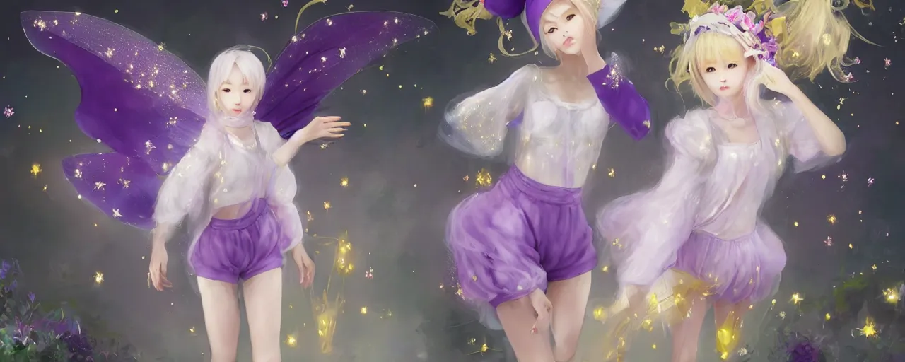 Image similar to Full View of a mysterious kpop fairy maidens with short blond hair wearing an oversized purple Beret, Baggy Purple overall shorts, Short Puffy pants made of silk, silk shoes, a big billowy scarf, Golden Ribbons, white leggings Covered in stars. Short Hair. peasant magic. masterpiece 4k digital illustration by Ruan Jia and Mandy Jurgens and Artgerm and william-adolphe bouguereau, award winning, Artstation, art nouveau aesthetic, Alphonse Mucha background, intricate details, realistic, panoramic view, Hyperdetailed, 8k resolution, intricate art nouveau, smooth, sharp focus