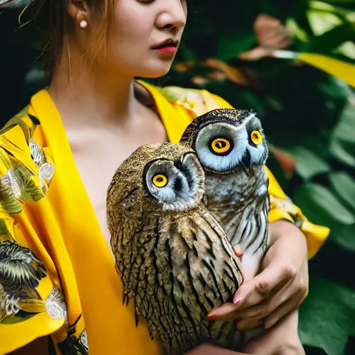 Image similar to close up portrait of beautiful woman wearing a yellow kimono in a tropical greenhouse with an owl on her shoulder, bokeh, cinematic colors