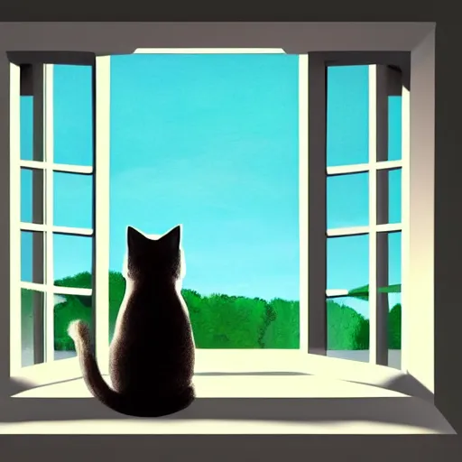 Prompt: a beautiful landscape through a window, cat sitting on the edge of thethe window, illustration, digital art, trending on artstation, no signature