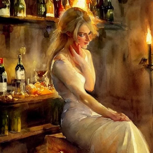 Image similar to beautiful blonde in hot dress in a wine cellar, food, pork, beer, schnapps, rustic, traditional, torches on the wall, watercolor by vladimir volegov and anders zorn, highly detailed, masterpiece