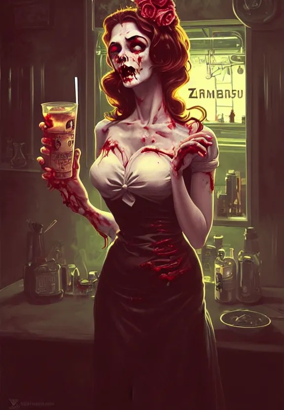 Image similar to Zombie waitress of a small 50’s style diner serving cold drinks, fantasy magic, zombie, dark pin-up style hair, dark light night, intricate, elegant, sharp focus, illustration, highly detailed, digital painting, concept art, matte, art by WLOP and Artgerm and Greg Rutkowski and Alphonse Mucha, masterpiece