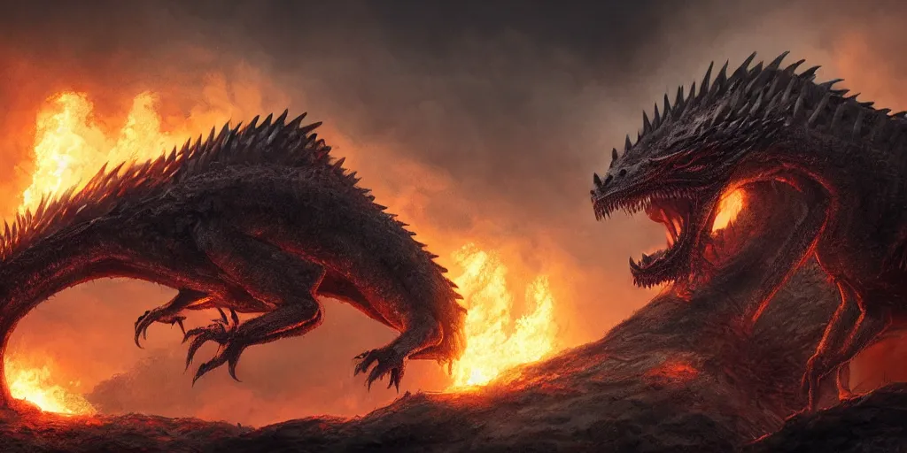 Prompt: an environmental concept art of a highly detailed dragon breathing fire on a castle, game of thrones, environmental light, cinematic by francis tneh