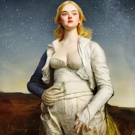 Image similar to leyendecker and peter paul rubens, head and shoulders portrait of a elle fanning in the world of andrew wyeth, nighttime, starry sky, unreal engine, fantasy art by global illumination, radiant light, detailed and intricate environment