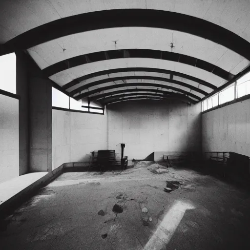 Image similar to eco brutalist interior with high celing and big windows, dark moody lighting, neo militarism, highly detailed, excellent composition, dramatic lighting, photography, 3 5 mm, kodak film