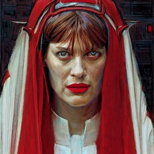 Image similar to frontal portrait of a priestess, wearing white and red, by donato giancola.