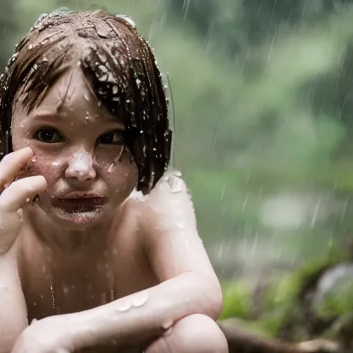 Image similar to Realistic Cute Marshmallow kid crying in the raining forest sitting on a rock, sad, cloudy, rainy, movie shot, studio shot, studio lighting, 8k