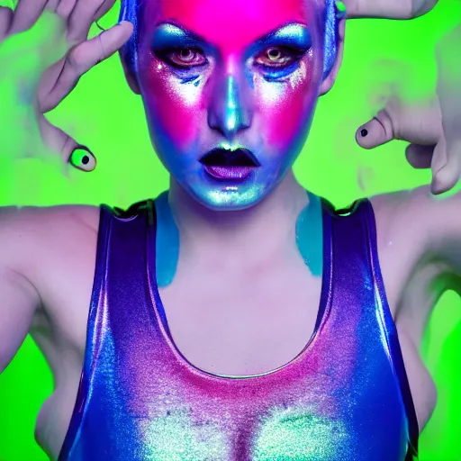 Image similar to Portrait of a beautiful cyberpunk android, blue lipstick, fluorescent pink face paint, bright green hair, metallic cyan bodysuit