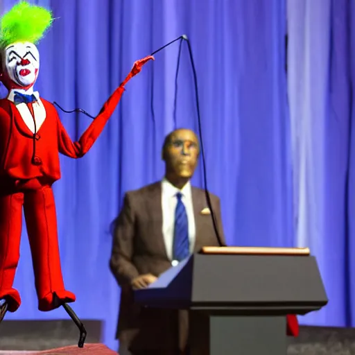 Image similar to string marionette of a president with clown makeup in a podium and a human shadow behind