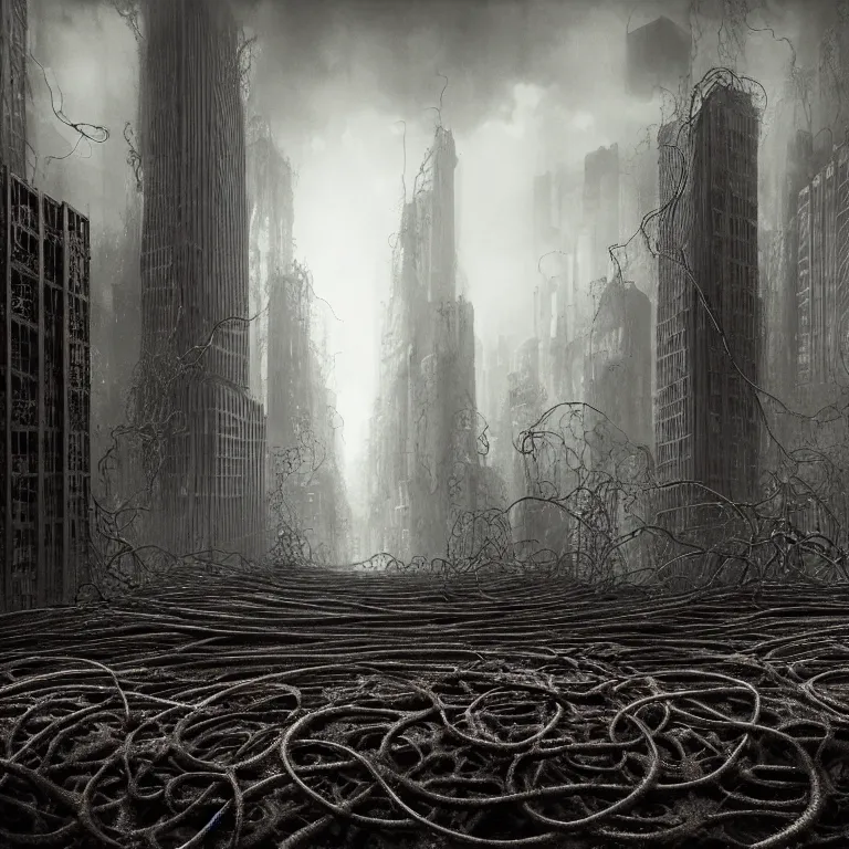 Prompt: still life of ribbed abandoned city skyline skyscrapers, covered with tentacles, roots, wires, tubes, baroque painting, standing in a desolate empty wasteland, creepy, nightmare, dream-like heavy atmosphere, dark fog, surreal abandoned buildings, baroque painting, beautiful detailed intricate insanely detailed octane render trending on Artstation, 8K artistic photography, photorealistic, chiaroscuro, Raphael, Caravaggio, Beksinski, Giger