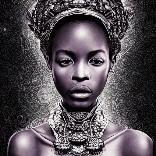 Image similar to the portrait of a blackberry that resembles an absurdly beautiful, graceful, elegant, sophisticated african girl, an ultrafine hyperdetailed illustration by kim jung gi, irakli nadar, intricate linework, bright colors, octopath traveler, final fantasy, unreal engine 5 highly rendered, global illumination, radiant light, detailed and intricate environment,