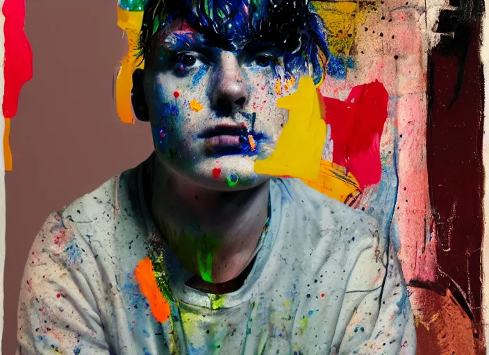 Image similar to portrait of a young painter with creative block sitting on a stool painted by vincent lefevre and hernan bas and pat steir and hilma af klint and danny fox, psychological, photorealistic, symmetrical face, dripping paint, washy brush, rendered in octane, altermodern, masterpiece