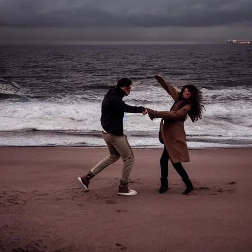 Image similar to zoom in photo of a man and woman, both wearing light brown trenchcoats, dancing together on a beach during cloudy weather, it ’ s night time