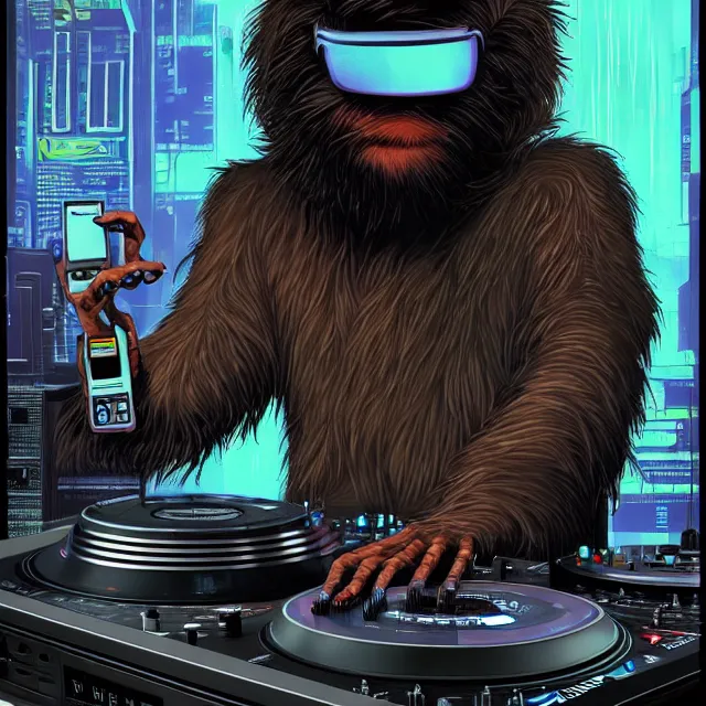 Image similar to a portrait of an anthropomorphic cyberpunk bigfoot dj at the turntables, detailed render, tape deck, boombox, headphones, epic composition, cybernetics, 4 k realistic, cryengine, realistic shaded lighting, sharp focus, masterpiece, by matteo scalera, gary montalbano, peter elson in the style of the tokyo ghost comic