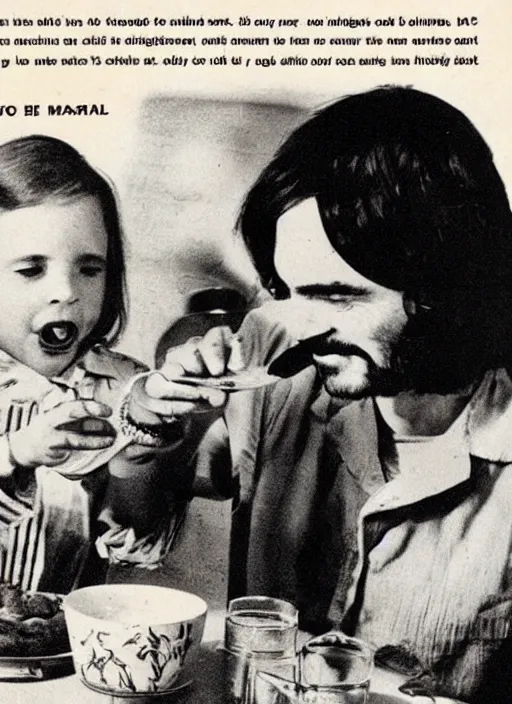 Image similar to vintage pharamaceutical magazine advertisement depicting charles manson feeding jello to children