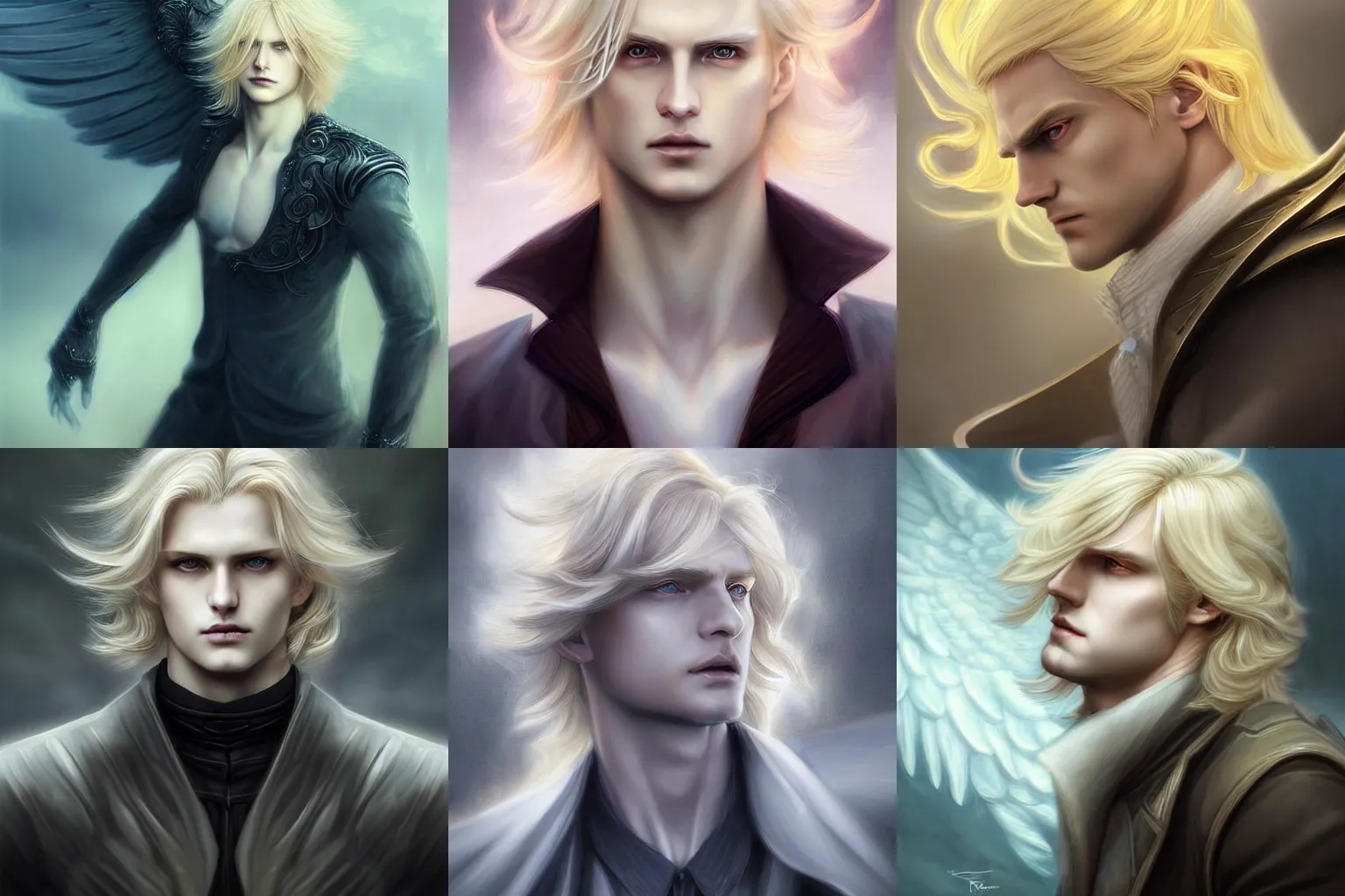 Prompt: digital art of a pale menacing male Angel of Battle with long blond curls of hair and piercing eyes, johan liebert mixed with Dante, central composition, he commands the fiery power of resonance and wrath, very very long blond curly hair with bangs!!!, baroque curls, by Ross Tran Rossdraws and WLOP, Artstation, CGsociety