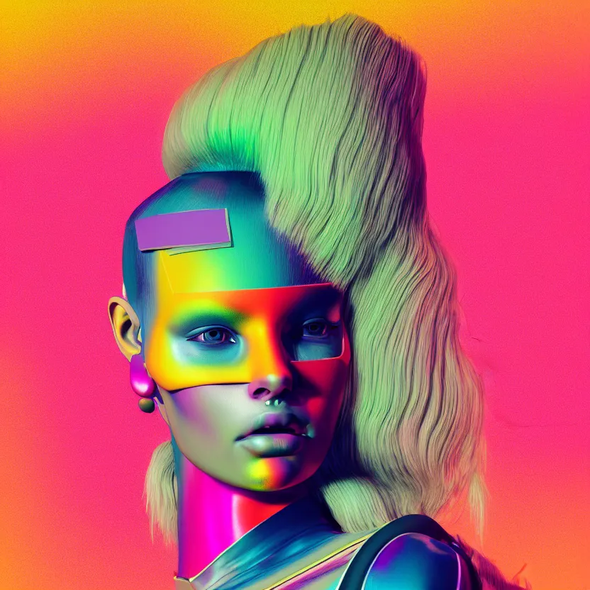 Prompt: full frontal portrait of a post modern hybrid fashion model with an exuberant style from year 2 0 6 0, colorful, photographic, octane render, vray, detailed, halftoned, editorial illustration, matte print, grainy light, ( ( dither ) ), risograph, high contrast, screen print, grainy texture