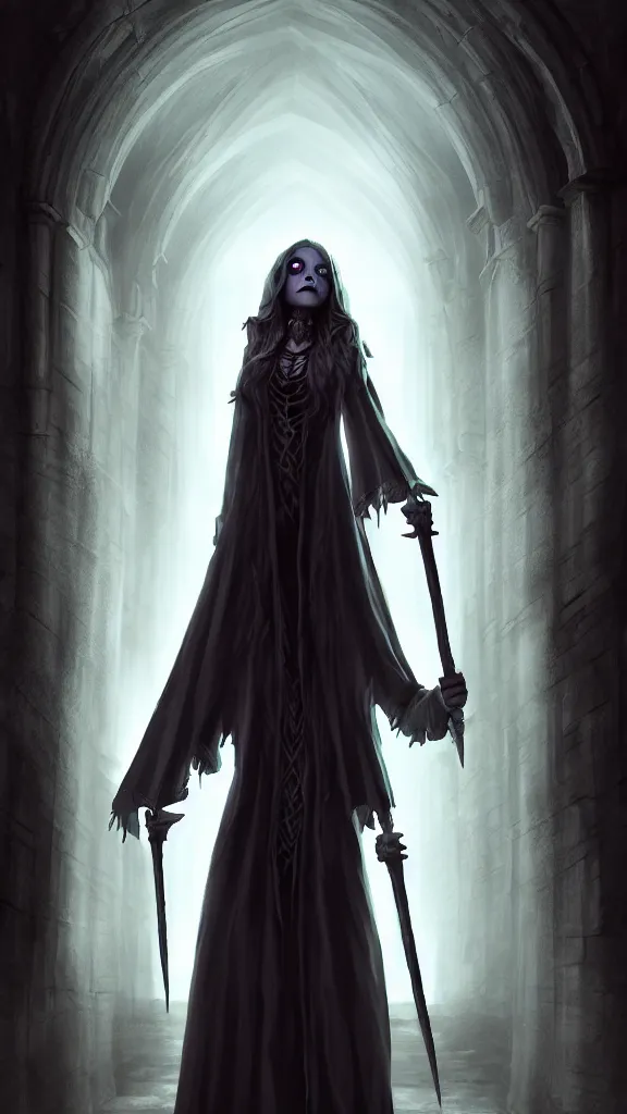 Prompt: undead wizard girl character, standing in crypts casting a spell, 3 point perspective, photorealistic, volumetric lighting, intricate detail, digital art, Artgerm