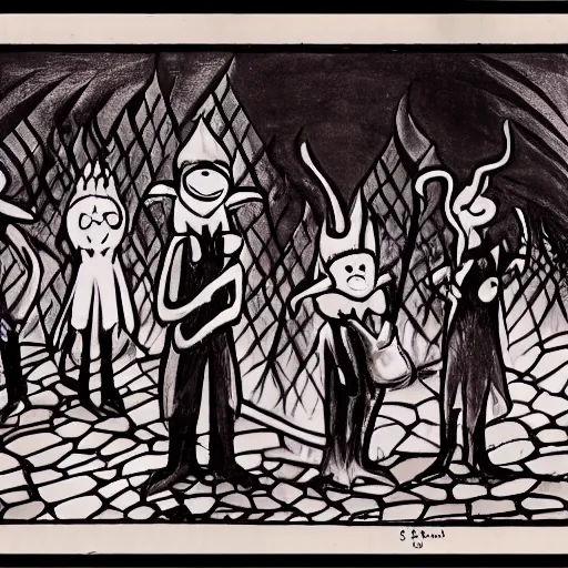 Image similar to group of cartoon characters standing in front of a fire, concept art by Lotte Reiniger, cg society, harlem renaissance, hellish background, lovecraftian, matte drawing