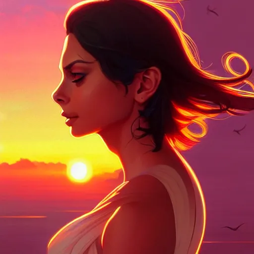 Image similar to Morena Baccarin, sunset background, intricate, highly detailed, digital painting, artstation, official media, anime key visual, concept art, rich vivid colors, ambient lighting, sharp focus, illustration, art by Artgerm, Makoto Shinkai, Ilya Kuvshinov, Lois Van Baarle, and Rossdraws