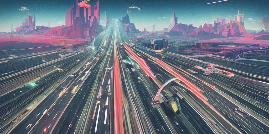 Image similar to “American highway in the style of Beeple and moebius, commercial, distortion, McDonald’s, Elon musk”
