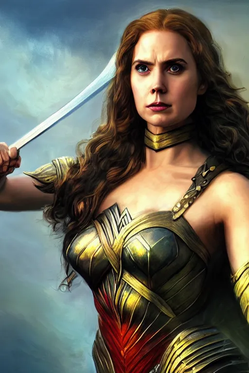 Image similar to A fantasy comic book style portrait painting of, hybrid of Gal Gadot, Amy Adams, as an Atlantean, Reptilian Warrior, Mystical Valkyrie, Armor, Sword, Archer Bow, Spear, Sheild, François Boucher, Oil Painting, unreal 5, DAZ, hyperrealistic, octane render, Regal, Refined, Coherent, Detailed Digital Art, RPG portrait, William-Adolphe Bouguereau, Michael Cheval, Walt Disney (1937), Steampunk, dynamic lighting, Highly Detailed, Cinematic Lighting, Unreal Engine, 8k, HD