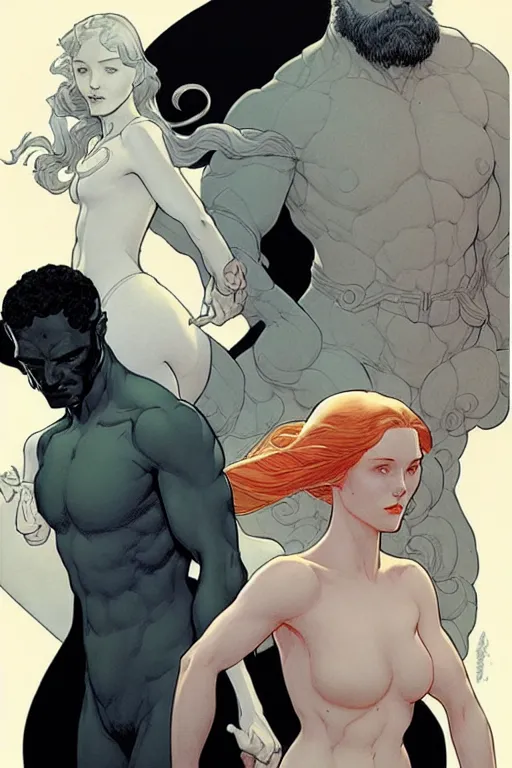 Image similar to artwork by James Jean, Phil noto and Rebecca guay of a handsome man and a beautiful woman back to back