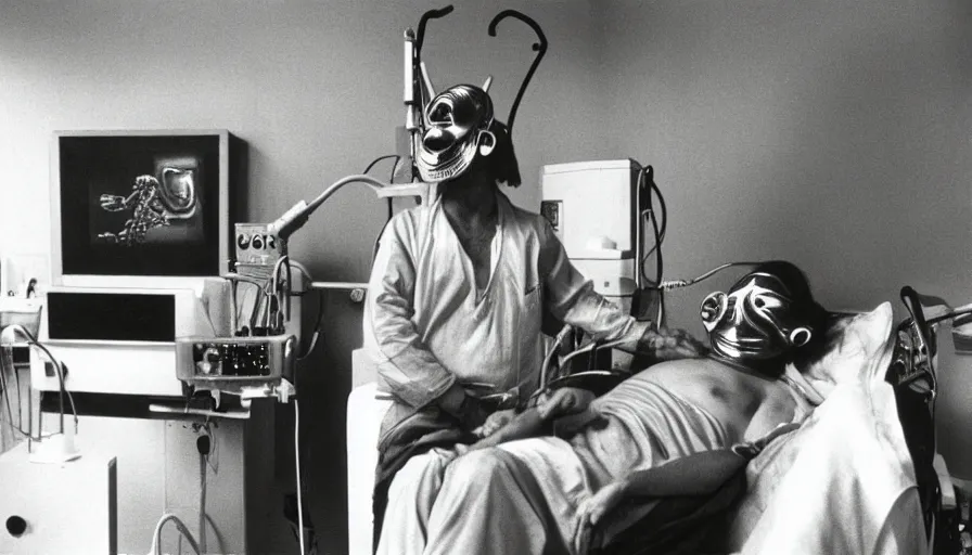 Image similar to 70s movie still of a man wearing gold spiral mask in hospital, eastmancolor, heavy grain, high quality, higly detailed, liminal space