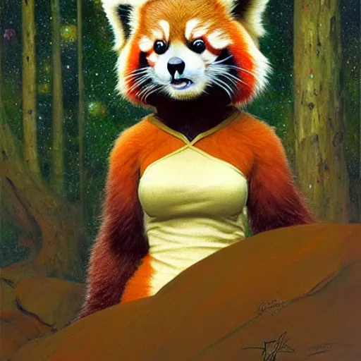 Prompt: a portrait of a female red panda in starfleet uniform at night in a dark forest. zootopia fursona furaffinity furry art detailed face painting by gaston bussiere craig mullins jc leyendecker gustav klimt artgerm greg rutkowski furry