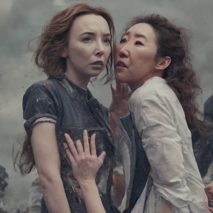 Prompt: jodie comer and sandra oh making out scene in tv series kill eve by greg rutkowski