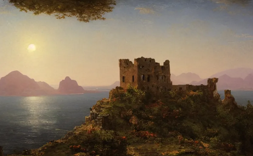 Image similar to ruins of a castle on a hill overlooking the ocean, close up shot, rocky, at dusk, distant mountains, 4k, rule of thirds, extreme detail, hazy water, intricate ink illustration, trending on artstation, cgsociety, hd, calm, complimentary colours, realistic lighting, by Albert Bierstadt, Frederic Edwin Church.