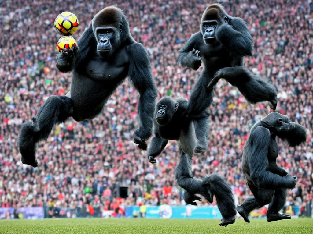 Image similar to a gorilla jumping to head the ball on a corner kick, vivid