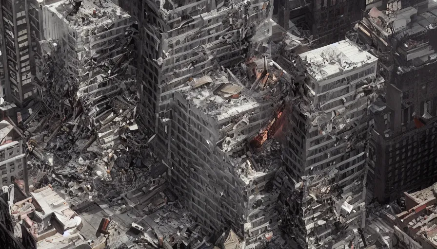 Prompt: Cinematic view of buildings collapsing on people in New York City during an earthquake, hyperdetailed, artstation, cgsociety, 8k