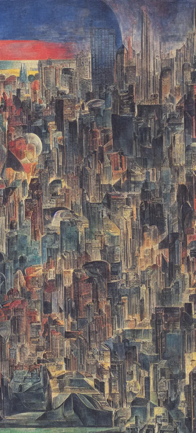 Prompt: a cityscape by william blake, colorful, futuristic