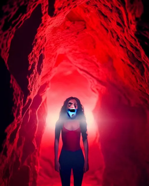 Image similar to beautiful Stella Maeve screaming in a red cave, blue lighting deep in the cave, symmetrical face symmetrical eyes, red hair, portrait, Charlie Bowater character art, no long neck, cinematic lighting