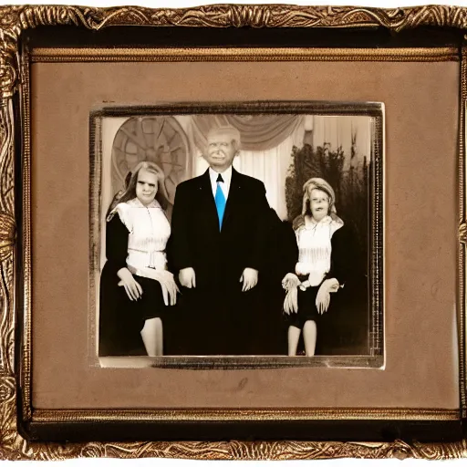 Image similar to Donald Trump and his family as a old west family portrait, sepia