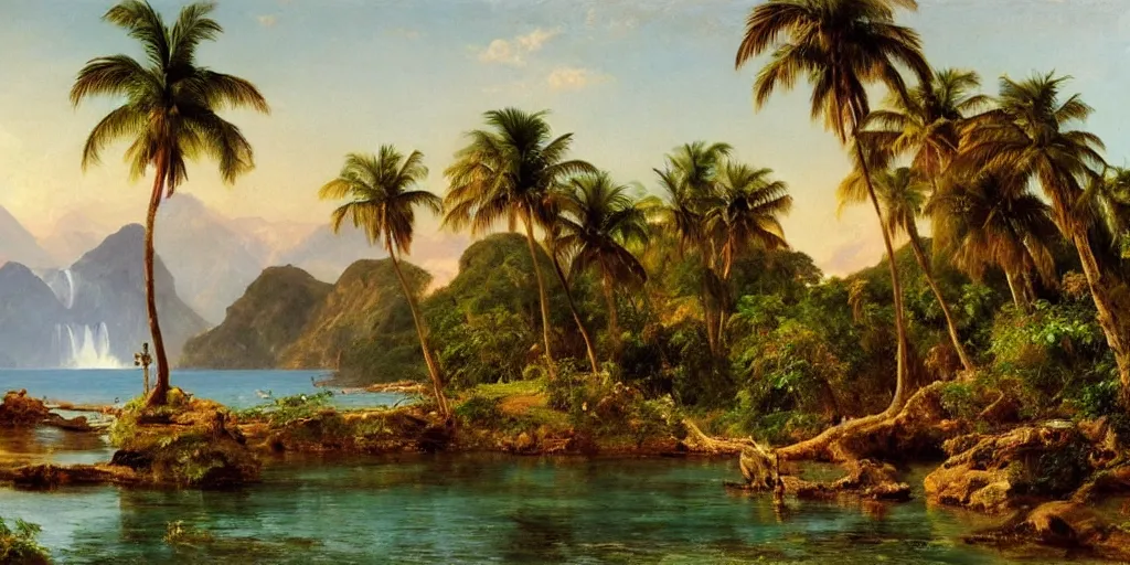 Image similar to a beautiful landscape painting of a tropical island with waterfall and palm trees, by frederic edwin church, oil on canvas, highly detailed, hd, 4 k