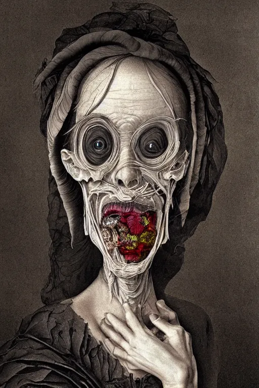 Image similar to Detailed maximalist portrait of a beautiful old woman with large lips and eyes, scared expression, botanical skeletal with extra flesh, HD mixed media, 3D collage, highly detailed and intricate, surreal illustration in the style of Caravaggio, dark art, baroque