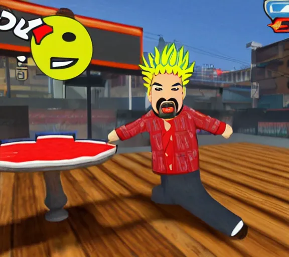 Image similar to screencap of guy fieri ps 2 play station 2 burger eating minigame, ign screenshot, 3 d graphics, stylized character models, game ui, hq image